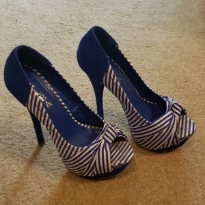 Blue and white platform heels